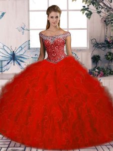 Lace Up Vestidos de Quinceanera Red for Sweet 16 and Quinceanera with Beading and Ruffles Brush Train