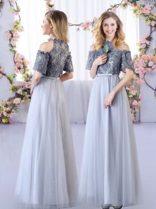 Short Sleeves Tulle Floor Length Zipper Quinceanera Court Dresses in Grey with Appliques