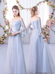 Luxurious Grey 3 4 Length Sleeve Floor Length Lace Lace Up Quinceanera Court Dresses