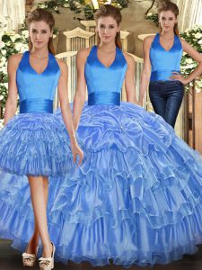 Baby Blue Lace Up Halter Top Ruffles and Pick Ups Quinceanera Gowns Sleeveless