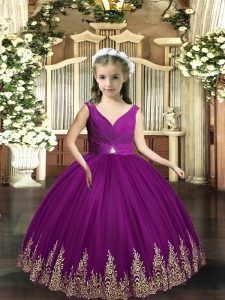 Cheap Eggplant Purple Backless V-neck Embroidery Pageant Gowns For Girls Tulle Sleeveless