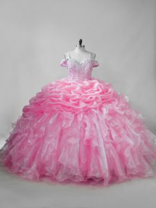 Pink Lace Up Straps Beading and Ruffles and Pick Ups Quinceanera Dresses Organza Sleeveless Brush Train