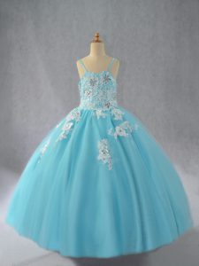 Sleeveless Lace Up Floor Length Beading and Appliques Little Girl Pageant Dress