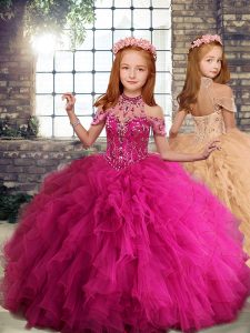 Sleeveless Floor Length Beading and Ruffles Lace Up Little Girls Pageant Dress with Fuchsia