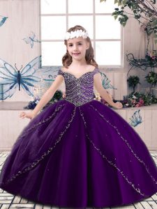 Discount Eggplant Purple Sleeveless Tulle Lace Up Kids Pageant Dress for Party and Sweet 16 and Wedding Party