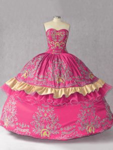 Best Hot Pink Sleeveless Embroidery Lace Up Quinceanera Dress