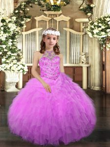 Fashion Lilac Girls Pageant Dresses Party and Sweet 16 and Wedding Party with Beading and Ruffles Halter Top Sleeveless Lace Up