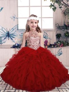 Floor Length Lace Up Little Girl Pageant Gowns Red for Party and Military Ball and Wedding Party with Beading and Ruffles