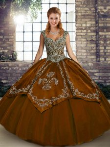 Tulle Straps Sleeveless Lace Up Beading and Embroidery Quinceanera Dress in Brown