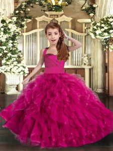 Fuchsia Ball Gowns Ruffles Kids Pageant Dress Lace Up Tulle Sleeveless Floor Length