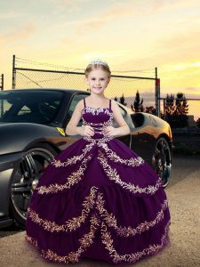 Satin Sleeveless Floor Length Pageant Gowns For Girls and Embroidery
