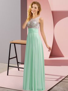 Floor Length Side Zipper Quinceanera Court Dresses Apple Green for Wedding Party with Beading