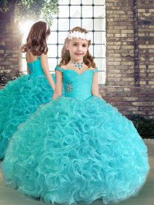Aqua Blue Straps Neckline Beading and Ruching Kids Pageant Dress Sleeveless Lace Up