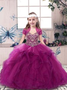 Sweet Floor Length Fuchsia Little Girl Pageant Gowns Tulle Sleeveless Beading and Ruffles