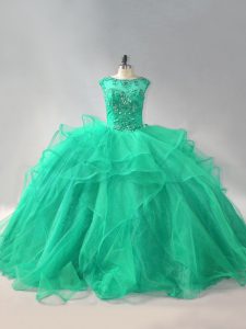 Fantastic Turquoise Organza Lace Up Scoop Sleeveless Sweet 16 Dresses Beading and Ruffles