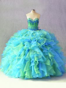Fashionable Multi-color Organza Lace Up Quinceanera Dress Sleeveless Floor Length Beading and Ruffles