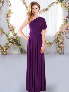 New Style Sleeveless Chiffon Floor Length Criss Cross Vestidos de Damas in Purple with Ruching