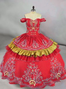 Red Off The Shoulder Lace Up Embroidery Sweet 16 Quinceanera Dress Sleeveless