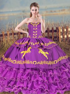 Best Selling Sweetheart Sleeveless 15 Quinceanera Dress Embroidery and Ruffled Layers Purple Organza