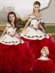 Sweet White And Red Ball Gowns Embroidery and Ruffles Quince Ball Gowns Lace Up Tulle Sleeveless Floor Length