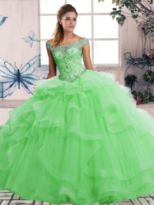 Green Tulle Lace Up Off The Shoulder Sleeveless Floor Length 15th Birthday Dress Beading and Ruffles