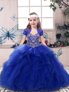 Royal Blue Tulle Lace Up Straps Sleeveless Floor Length Kids Pageant Dress Beading and Ruffles