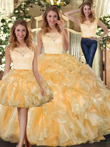 Lace and Ruffles Quinceanera Dresses Gold Clasp Handle Sleeveless Floor Length