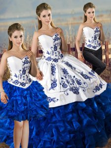 Blue And White Lace Up Sweetheart Embroidery and Ruffles Quinceanera Dresses Satin and Organza Sleeveless