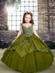 Graceful Ball Gowns Little Girls Pageant Dress Olive Green Straps Organza Sleeveless Floor Length Lace Up