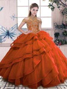 Pretty Floor Length Lace Up Vestidos de Quinceanera Orange for Sweet 16 and Quinceanera with Beading and Ruffled Layers