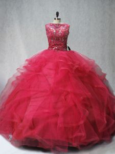 Coral Red Tulle Lace Up Sweet 16 Dress Sleeveless Brush Train Beading and Ruffles
