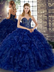 Ball Gowns Quinceanera Gowns Royal Blue Sweetheart Organza Sleeveless Floor Length Lace Up