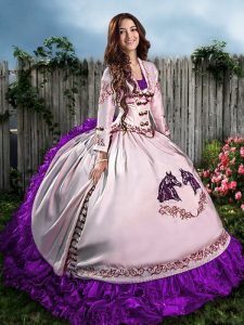 Purple Ball Gowns Satin Sweetheart Sleeveless Embroidery and Ruffles Floor Length Lace Up Quinceanera Gown