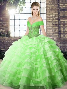 Organza Lace Up Vestidos de Quinceanera Sleeveless Brush Train Beading and Ruffled Layers
