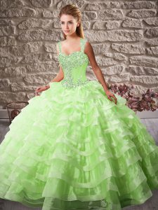 Organza Straps Sleeveless Court Train Lace Up Beading and Ruffled Layers Sweet 16 Dresses in