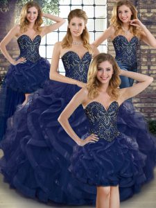 Navy Blue Sleeveless Tulle Lace Up Quinceanera Gowns for Military Ball and Sweet 16 and Quinceanera