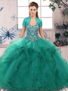 Fitting Sleeveless Tulle Floor Length Lace Up Quinceanera Dress in Turquoise with Beading and Ruffles