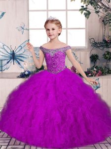 Customized Off The Shoulder Sleeveless Little Girls Pageant Gowns Floor Length Beading and Ruffles Purple Tulle