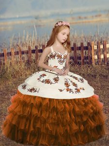 Brown Column/Sheath Organza Straps Sleeveless Ruffled Layers Floor Length Lace Up Little Girls Pageant Gowns