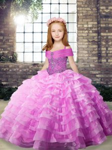 Sleeveless Beading and Ruffled Layers Lace Up Kids Pageant Dress with Lilac Brush Train