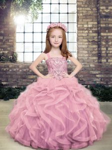 On Sale Lilac Lace Up Kids Pageant Dress Beading and Ruffles Sleeveless Floor Length