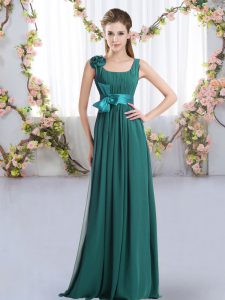 Custom Design Peacock Green Chiffon Zipper Court Dresses for Sweet 16 Sleeveless Floor Length Belt and Hand Made Flower