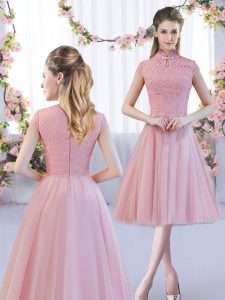 Inexpensive Pink Dama Dress Wedding Party with Lace High-neck Cap Sleeves Zipper
