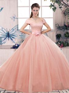 Vintage Floor Length Pink 15th Birthday Dress Tulle Short Sleeves Lace and Hand Made Flower