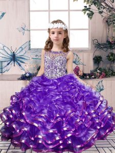 Ball Gowns Pageant Gowns For Girls Purple Scoop Organza Sleeveless Floor Length Lace Up