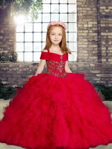 Customized Sleeveless Lace Up Floor Length Beading and Ruffles Little Girls Pageant Gowns