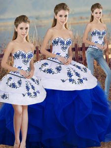 Inexpensive Royal Blue Lace Up Sweet 16 Quinceanera Dress Embroidery and Ruffles and Bowknot Sleeveless Floor Length