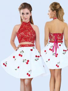 Mini Length Two Pieces Sleeveless White And Red Quinceanera Court of Honor Dress Lace Up