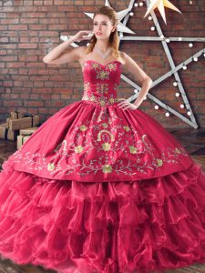 Sweetheart Sleeveless Sweet 16 Dresses Floor Length Embroidery and Ruffled Layers Red Satin and Organza