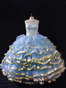 Custom Fit Blue Sleeveless Organza Lace Up Quinceanera Gowns for Sweet 16 and Quinceanera